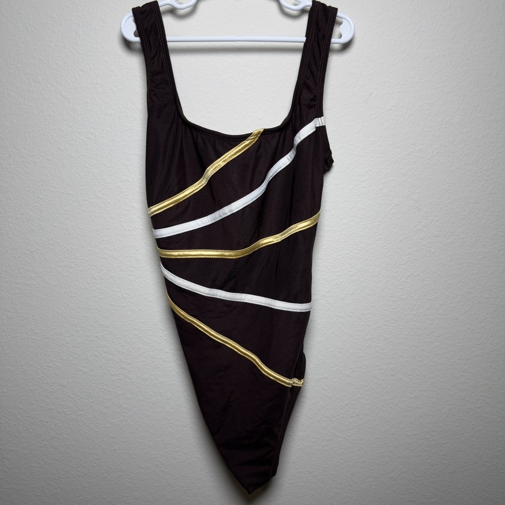 Longitude Women One Piece Swimsuit 8 Brown White Gold Stripe Squareneck Shelf Br